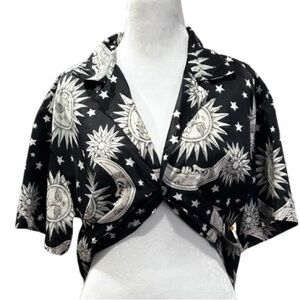 Celestial Sun Moon Stars Button Down Shirt Whimsigoth Witchy Pajama Top Size L